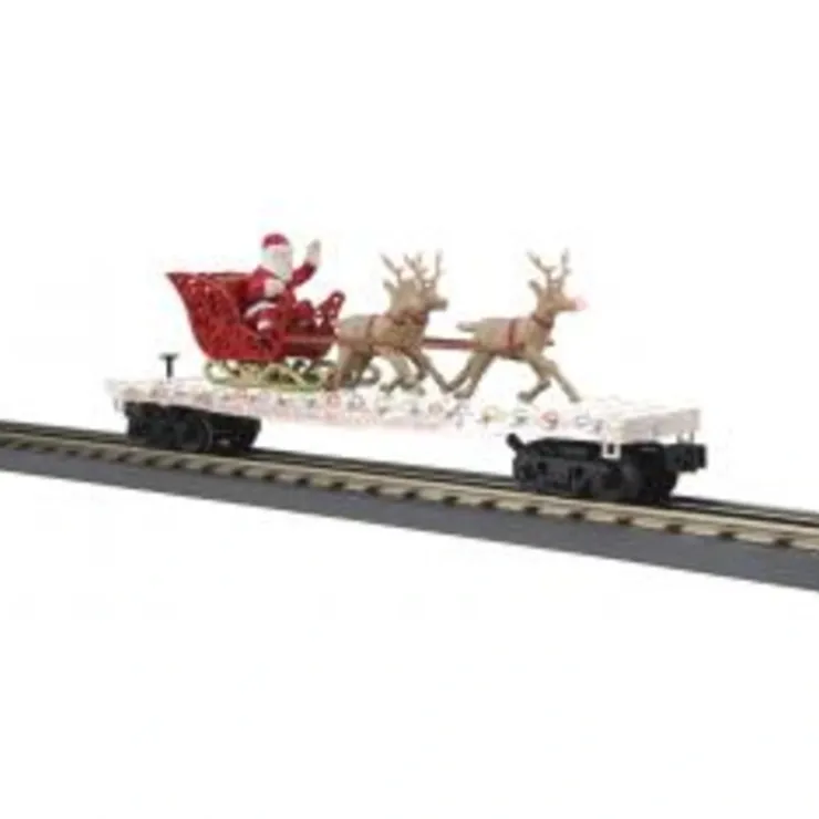 Rolling Stock-30-76919 - Christmas 2024 White Flat Car w/LED Lights, Santa Sleigh & Reindeer - Quality Trains and Accessories Galore