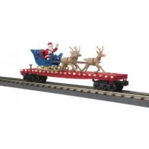 Rolling Stock-30-76921 - North Pole 2024 RED Flat Car w/LED Lights, Santa Sleigh & Reindeer - Quality Trains and Accessories Galore