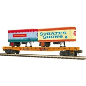 O Rolling Stock-3002599 - PREMIER FLAT CAR W/TWO 20' TRAILERS STRATES SHOWS #66 - Quality Trains and Accessories Galore