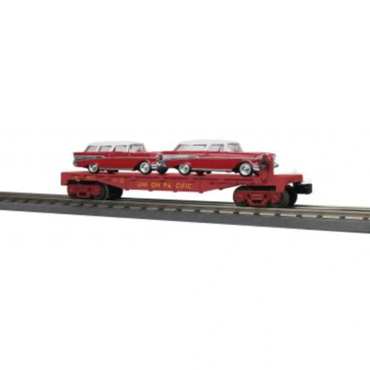 Rolling Stock-30-76874 - Union Pacific Flat Car w/(2) 57 Chevy Nomads (Red) - Quality Trains and Accessories Galore