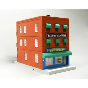 RailTown Buildings-30-90566 - What were you inking - Tattoo Removal? 3-Story City Building w/Fire Escape & Blinking Sign - Quality Trains and Accessories Galore